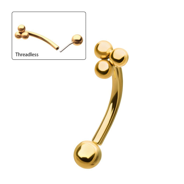 Invictus 24kt Gold PVD Titanium Tri-Bead Fixed Top with Threadless Bottom Curved Barbell