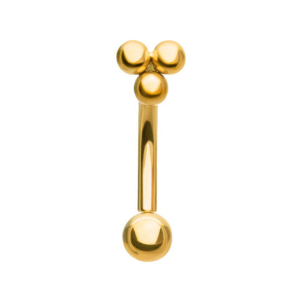 Invictus 24kt Gold PVD Titanium Tri-Bead Fixed Top with Threadless Bottom Curved Barbell