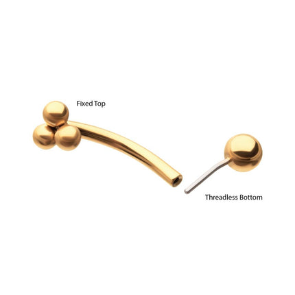Invictus 24kt Gold PVD Titanium Tri-Bead Fixed Top with Threadless Bottom Curved Barbell