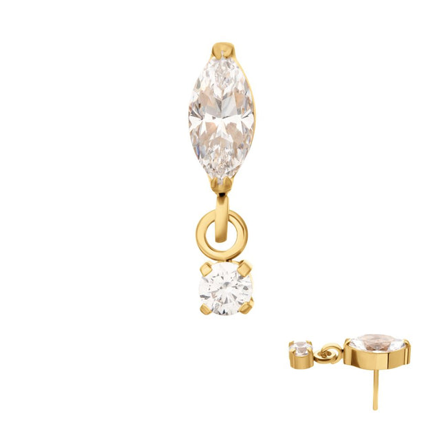Invictus 24KT Gold PVD Titanium Threadless Marquise Top with Prong Set Gem Dangle