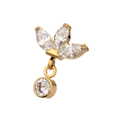 Invictus 24KT Gold PVD Titanium Threadless 3 Marquise Fan Top with Bezel Gem Dangle