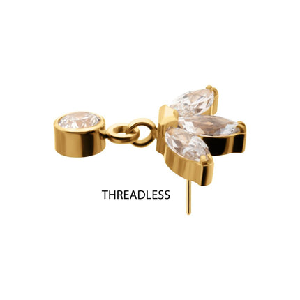 Invictus 24KT Gold PVD Titanium Threadless 3 Marquise Fan Top with Bezel Gem Dangle