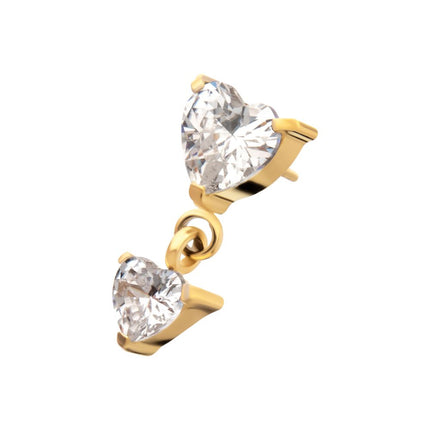Invictus 24KT Gold PVD Titanium Threadless Prong Set Double Heart Gem Dangle Top