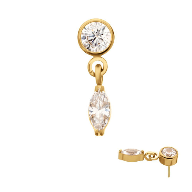 Invictus 24KT Gold PVD Titanium Threadless Bezel Gem Top with Marquise Dangle