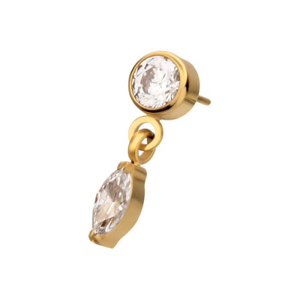 Invictus 24KT Gold PVD Titanium Threadless Bezel Gem Top with Marquise Dangle