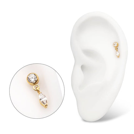 Invictus 24KT Gold PVD Titanium Threadless Bezel Gem Top with Marquise Dangle