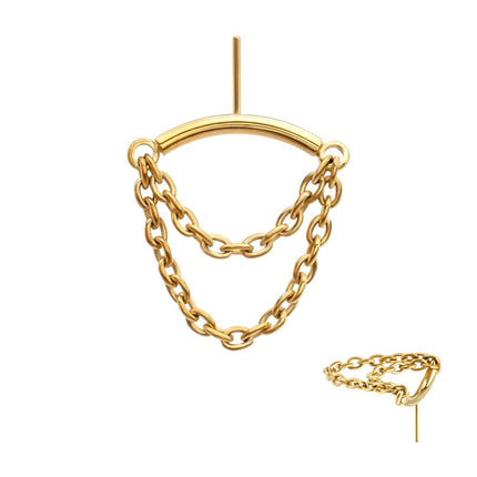 Invictus 24Kt Gold PVD Titanium Threadless Vertical Helix Curved Bar Top with 2-Tier Chain Dangle