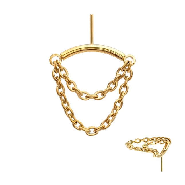 Invictus 24Kt Gold PVD Titanium Threadless Vertical Helix Curved Bar Top with 2-Tier Chain Dangle