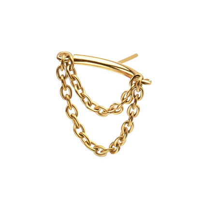 Invictus 24Kt Gold PVD Titanium Threadless Vertical Helix Curved Bar Top with 2-Tier Chain Dangle
