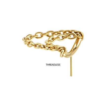 Invictus 24Kt Gold PVD Titanium Threadless Vertical Helix Curved Bar Top with 2-Tier Chain Dangle