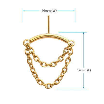 Invictus 24Kt Gold PVD Titanium Threadless Vertical Helix Curved Bar Top with 2-Tier Chain Dangle
