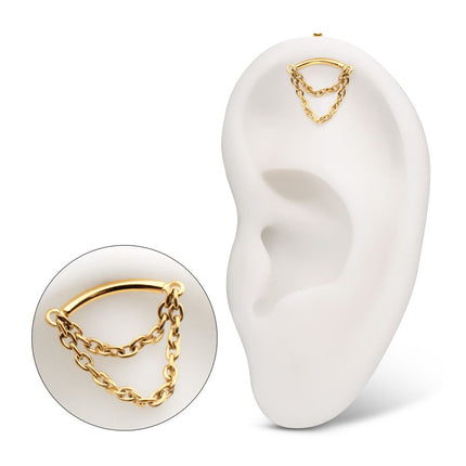 Invictus 24Kt Gold PVD Titanium Threadless Vertical Helix Curved Bar Top with 2-Tier Chain Dangle