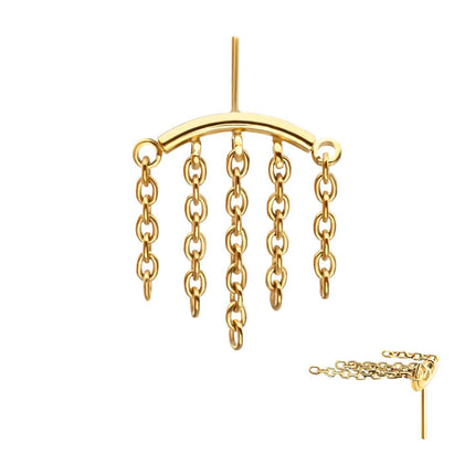 Invictus 24Kt Gold PVD Titanium Threadless Vertical Helix Curved Bar Top with 5-Chain Dangle