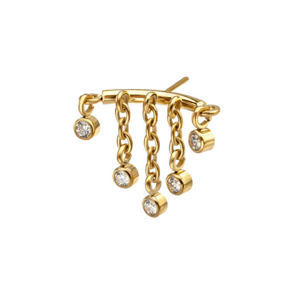 Invictus 24Kt Gold PVD Titanium Threadless Vertical Helix Curved Bar Top with 5-Chain Bezel Gem Dangle