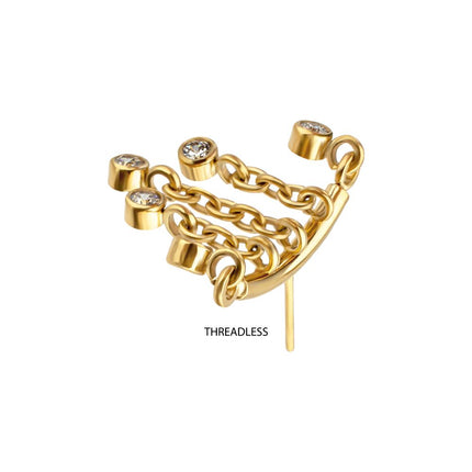 Invictus 24Kt Gold PVD Titanium Threadless Vertical Helix Curved Bar Top with 5-Chain Bezel Gem Dangle