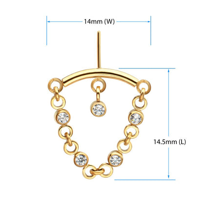 Invictus 24Kt Gold PVD Titanium Threadless Vertical Helix Curved Bar Top with CZ Chain Dangle & Floating Gem