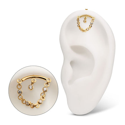 Invictus 24Kt Gold PVD Titanium Threadless Vertical Helix Curved Bar Top with CZ Chain Dangle & Floating Gem