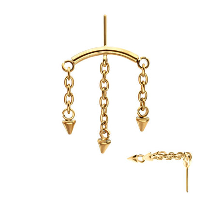 Invictus 24Kt Gold PVD Titanium Threadless Vertical Helix Curved Bar Top with 3 Spiked Chain Dangle