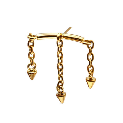 Invictus 24Kt Gold PVD Titanium Threadless Vertical Helix Curved Bar Top with 3 Spiked Chain Dangle