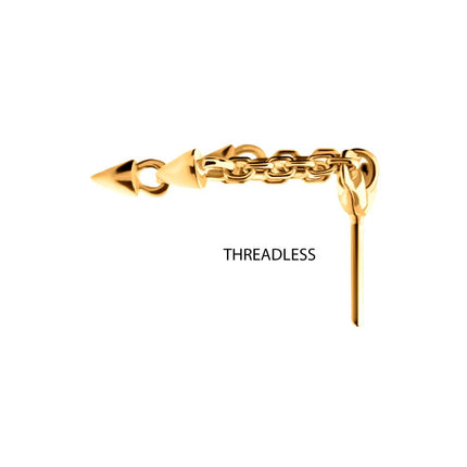 Invictus 24Kt Gold PVD Titanium Threadless Vertical Helix Curved Bar Top with 3 Spiked Chain Dangle