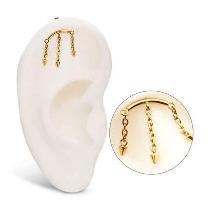 Invictus 24Kt Gold PVD Titanium Threadless Vertical Helix Curved Bar Top with 3 Spiked Chain Dangle
