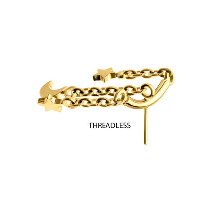 Invictus 24Kt Gold PVD Titanium Threadless Vertical Helix Curved Bar Top with Crescent Moon and Star 3-Chain Dangle