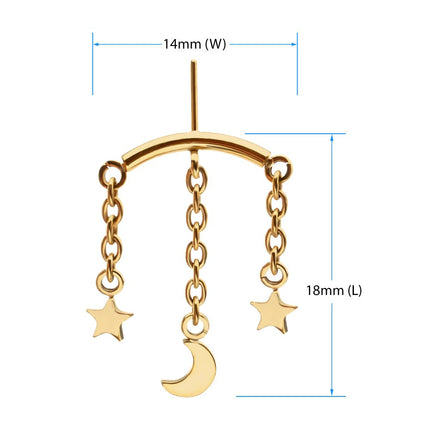 Invictus 24Kt Gold PVD Titanium Threadless Vertical Helix Curved Bar Top with Crescent Moon and Star 3-Chain Dangle
