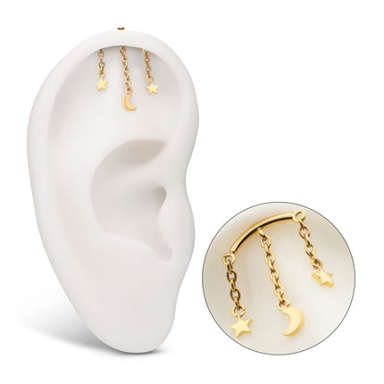 Invictus 24Kt Gold PVD Titanium Threadless Vertical Helix Curved Bar Top with Crescent Moon and Star 3-Chain Dangle