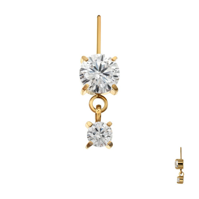 Invictus 24Kt Gold PVD Titanium Threadless Vertical Helix Double 4-Prong CZ Gem Dangle Top