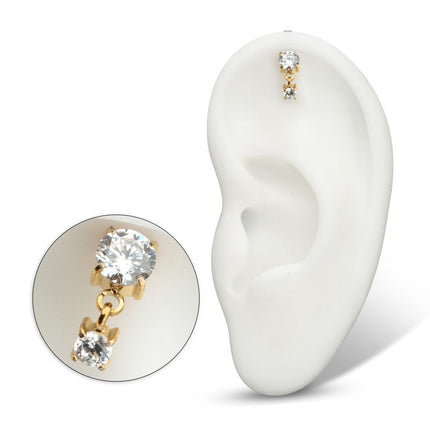Invictus 24Kt Gold PVD Titanium Threadless Vertical Helix Double 4-Prong CZ Gem Dangle Top