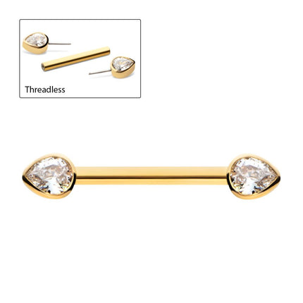 Invictus 24Kt Gold PVD Titanium Threadless Bezel Teardrop CZ Nipple Barbell | Sold by piece