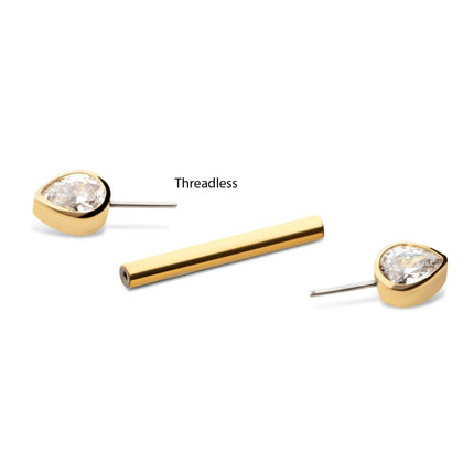 Invictus 24Kt Gold PVD Titanium Threadless Bezel Teardrop CZ Nipple Barbell | Sold by piece