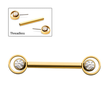 Invictus 24Kt Gold PVD Titanium Threadless Bezel Round CZ Orbit Nipple Barbell | Sold by piece