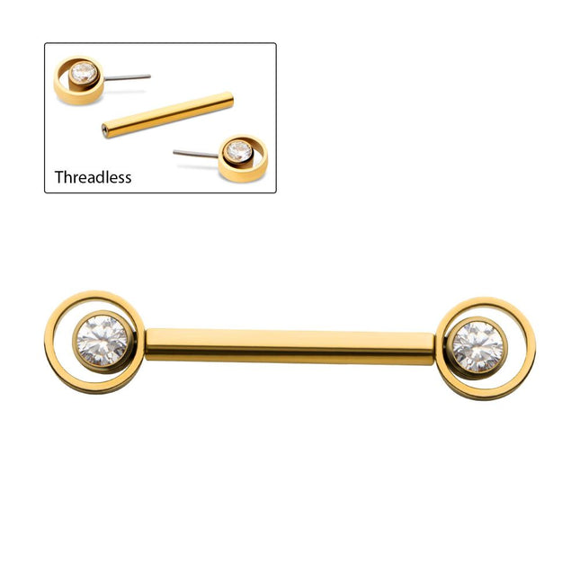 Invictus 24Kt Gold PVD Titanium Threadless Bezel Round CZ Orbit Nipple Barbell | Sold by piece