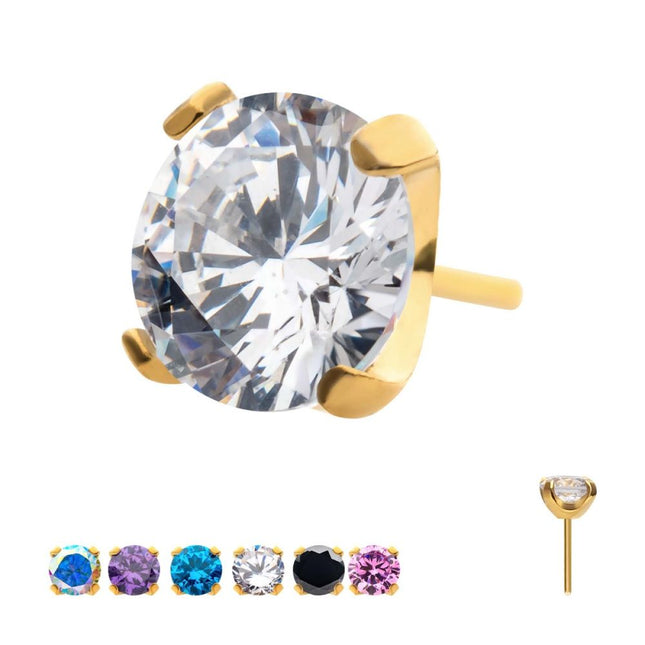 Invictus 24KT Gold PVD Titanium Threadless with 4-Prong Set CZ Front Facing Top 3mm