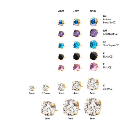 Invictus 24KT Gold PVD Titanium Threadless with 4-Prong Set CZ Front Facing Top 3.8mm