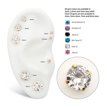 Invictus 24KT Gold PVD Titanium Threadless with 4-Prong Set CZ Front Facing Top 4.8mm