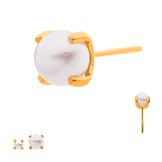 Invictus 24Kt Gold PVD Titanium Threadless Prong Set White Swarovski Pearl Top