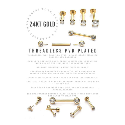 Invictus 24Kt Gold PVD Titanium Threadless Pronged Round CZ Trinity Top