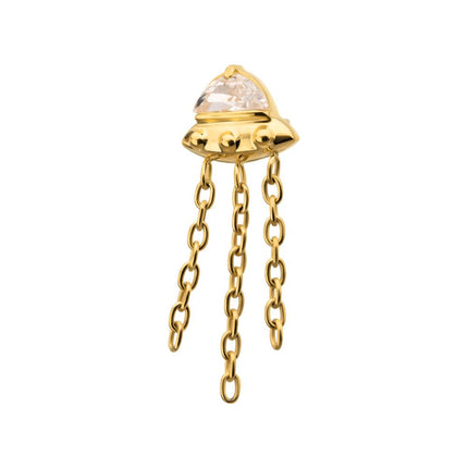 Invictus 24KT Gold PVD Titanium Threadless 3D UFO Gem Top with Small Triple Chain Dangle