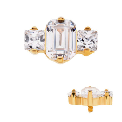 Invictus 24Kt Gold PVD Titanium Internally Threaded Prong Set Emerald Cut & Princess Gem 3-Cluster Top