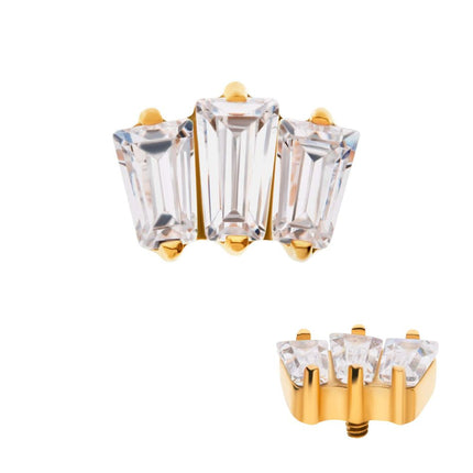 Invictus 24Kt Gold PVD Titanium Internally Threaded Prong Set Baguette CZ 3-Cluster Top