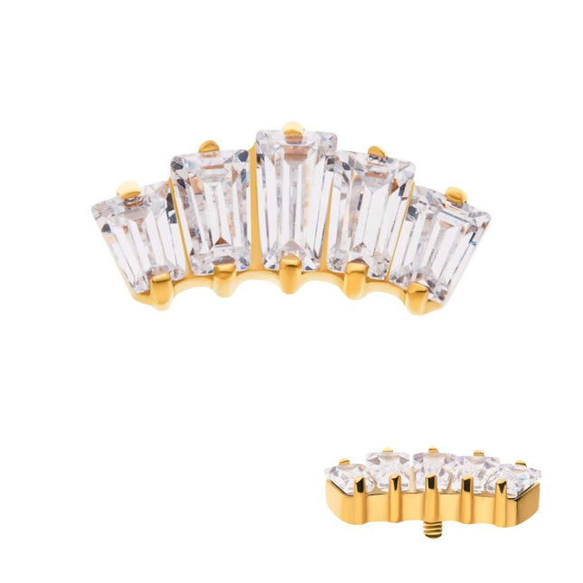 Invictus 24Kt Gold PVD Titanium Internally Threaded Prong Set Baguette CZ 5-Cluster Top