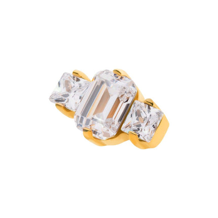 Invictus 24Kt Gold PVD Titanium Threadless Prong Set Emerald Cut & Princess Gem 3-Cluster Top