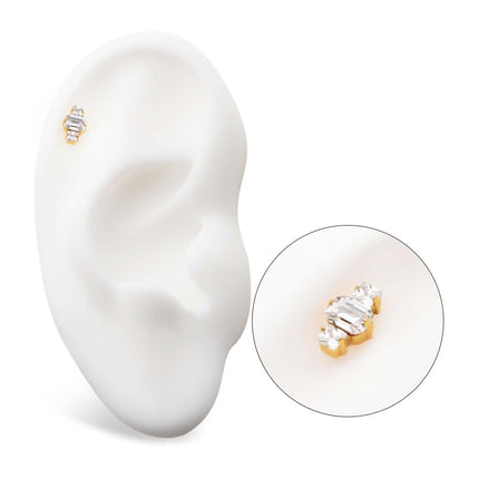 Invictus 24Kt Gold PVD Titanium Threadless Prong Set Emerald Cut & Princess Gem 3-Cluster Top