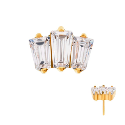 Invictus 24Kt Gold PVD Titanium Threadless Prong Set Baguette CZ 3-Cluster Top