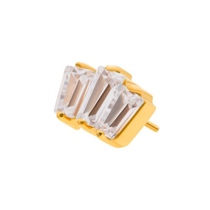 Invictus 24Kt Gold PVD Titanium Threadless Prong Set Baguette CZ 3-Cluster Top