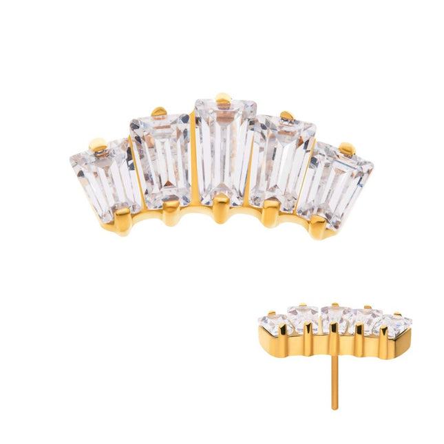 Invictus 24Kt Gold PVD Titanium Threadless Prong Set Baguette CZ 5-Cluster Top