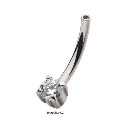 Invictus Titanium Internally Threaded with Prong Set CZ Fixed Bottom Curved Barbell