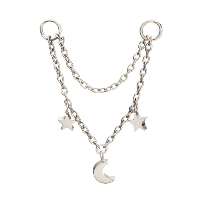 Invictus Platinum PVD Titanium Double Star & Crescent Moon 2-Tier Rolo Chain Dangle